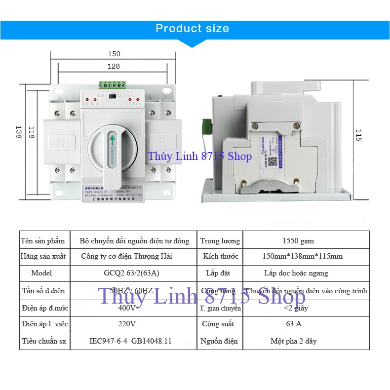 Cầu dao đảo chiều tự động bộ chuyển nguồn ATS 2P 63A Gechele - bộ chuyển đổi 2 nguồn điện tự động