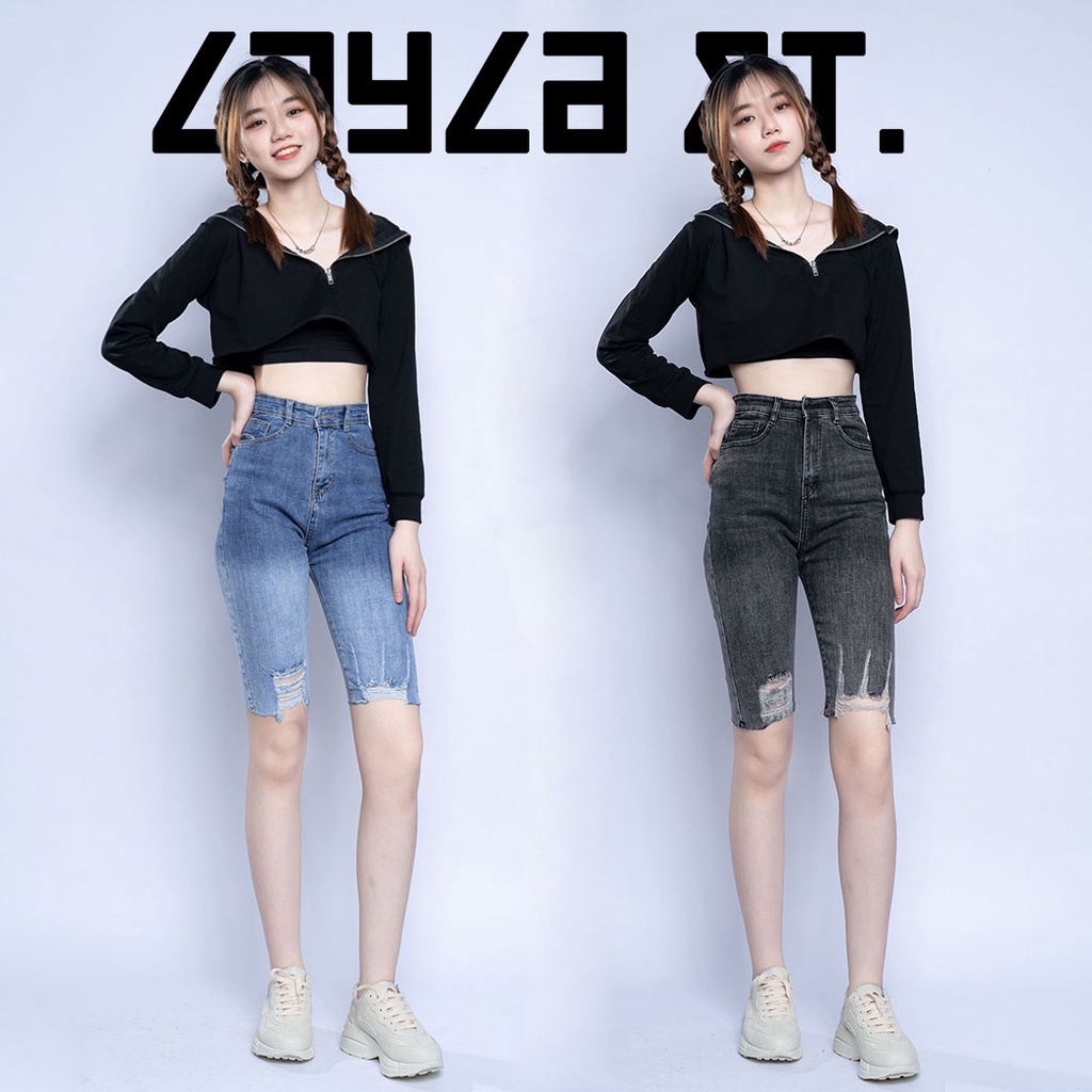 Quần Ngố Jean Lưng Cao Co Giãn Layla Ver.050, Jean Lửng Loan Màu Rách Nhẹ Dáng Chuẩn