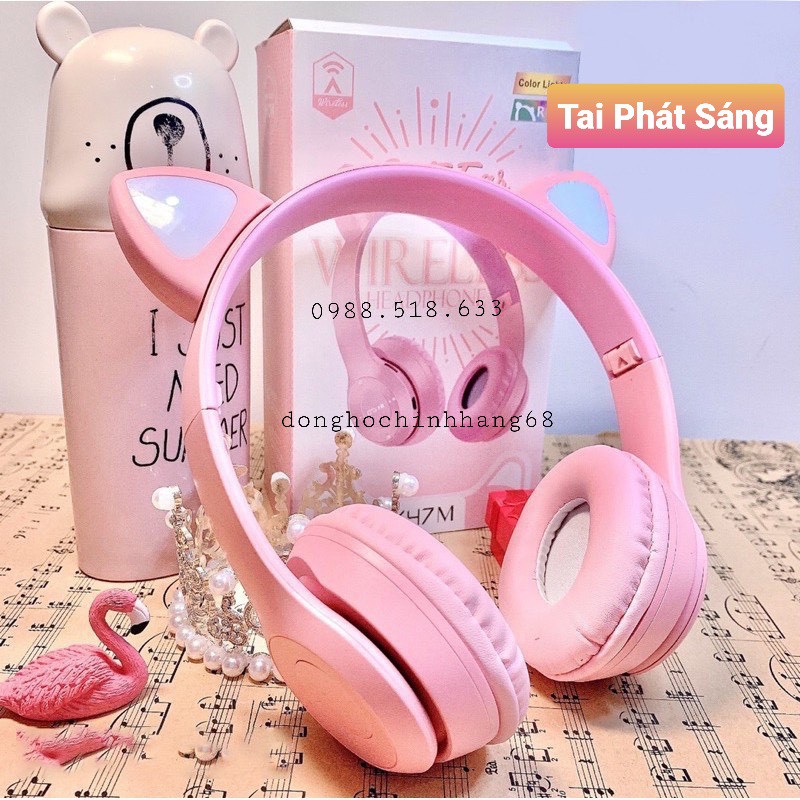 Tai Nghe Mèo Bluetooth Chụp Tai, Headphone Tai Mèo Dễ Thương Có Mic, Âm Bass Mạnh Mẽ Bảo Hành 12 Tháng