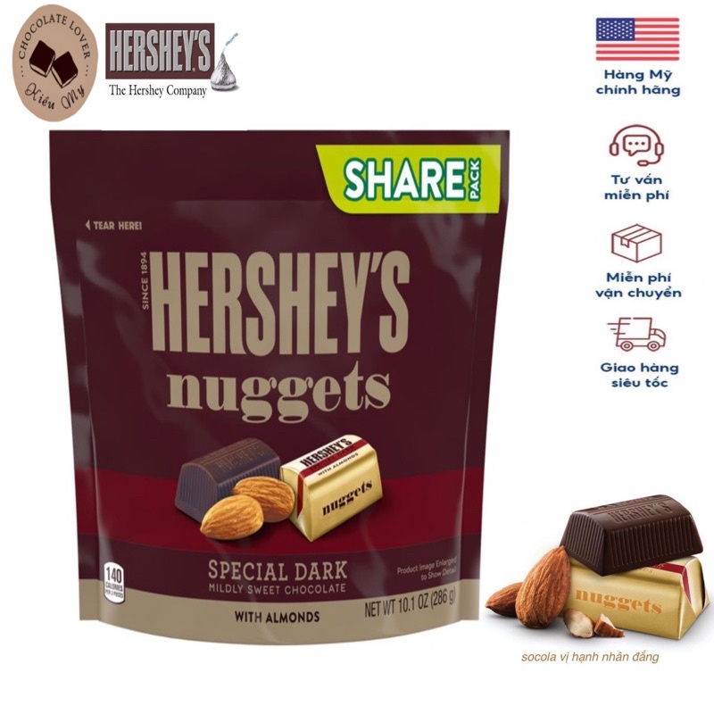 Kẹo socola Mỹ Hershey's nuggest đắng nhân hạnh nhân túi 286g