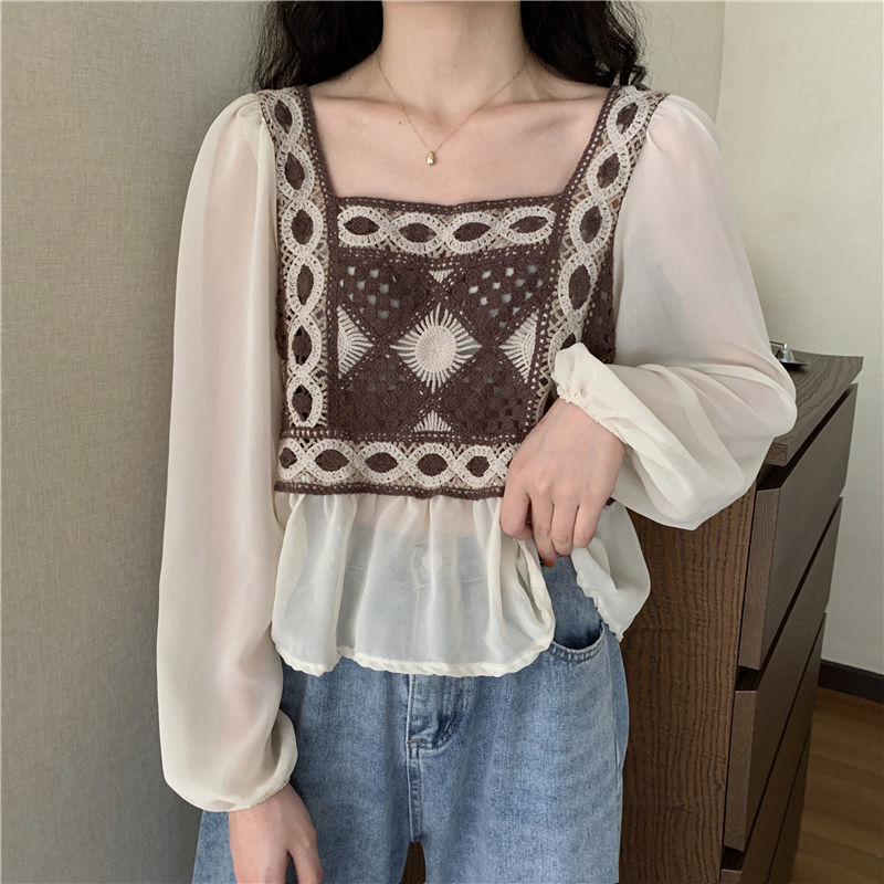 Áo voan tay dài cổ vuông thời trang đáng yêu cho nữ