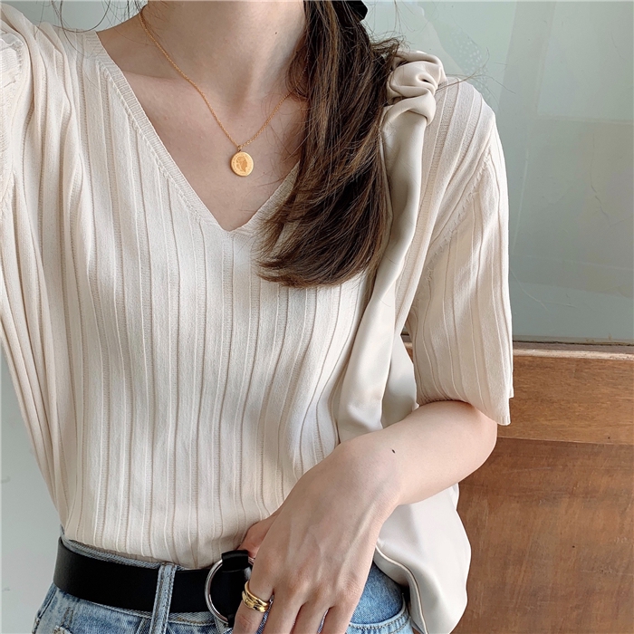 C&M Loose Candy Color Thin Ice Silk Short Sleeve Knit T-shirt | BigBuy360 - bigbuy360.vn