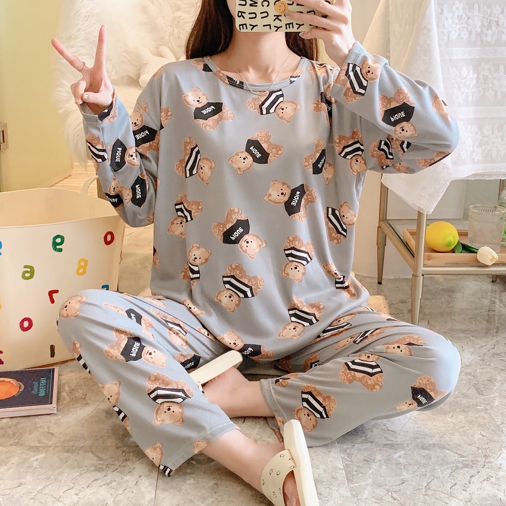 Set ulzzang đồ ngủ thun dài tay gấu Pique DN135 (có ảnh thật) | BigBuy360 - bigbuy360.vn