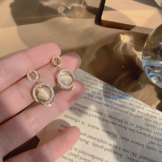Khuyên Tai Oval Đính Đá Opal Sang Trọng Phong Cách Hàn Quốc