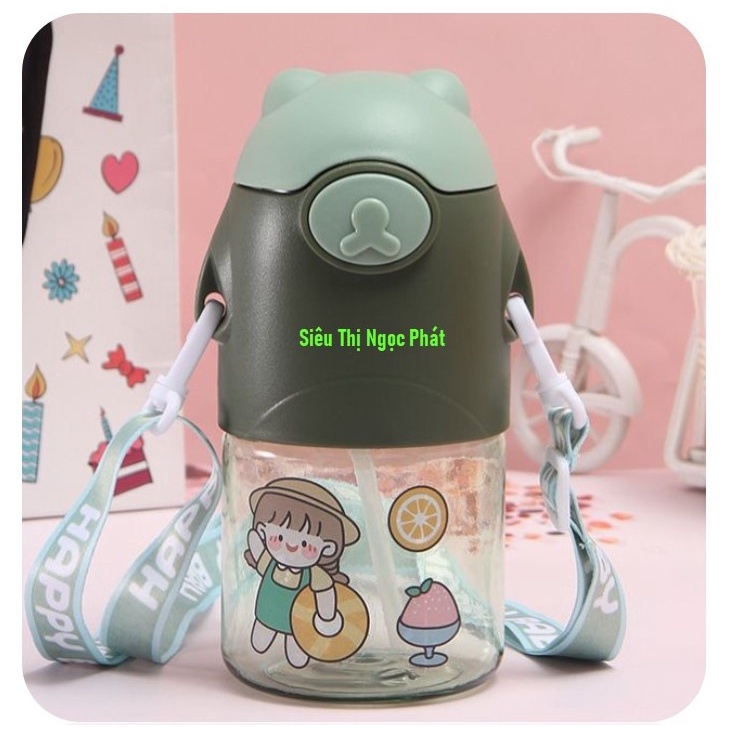 Bình Nước Gấu Ngộ Nghĩnh cho bé_Có Quai Đeo_650ML_Kèm Sticker dán