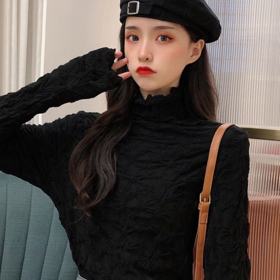 Áo Thun Tay Dài Cổ Cao Xếp Ly Dáng Ôm Thời Trang Hàn Quốc Cho Nữ