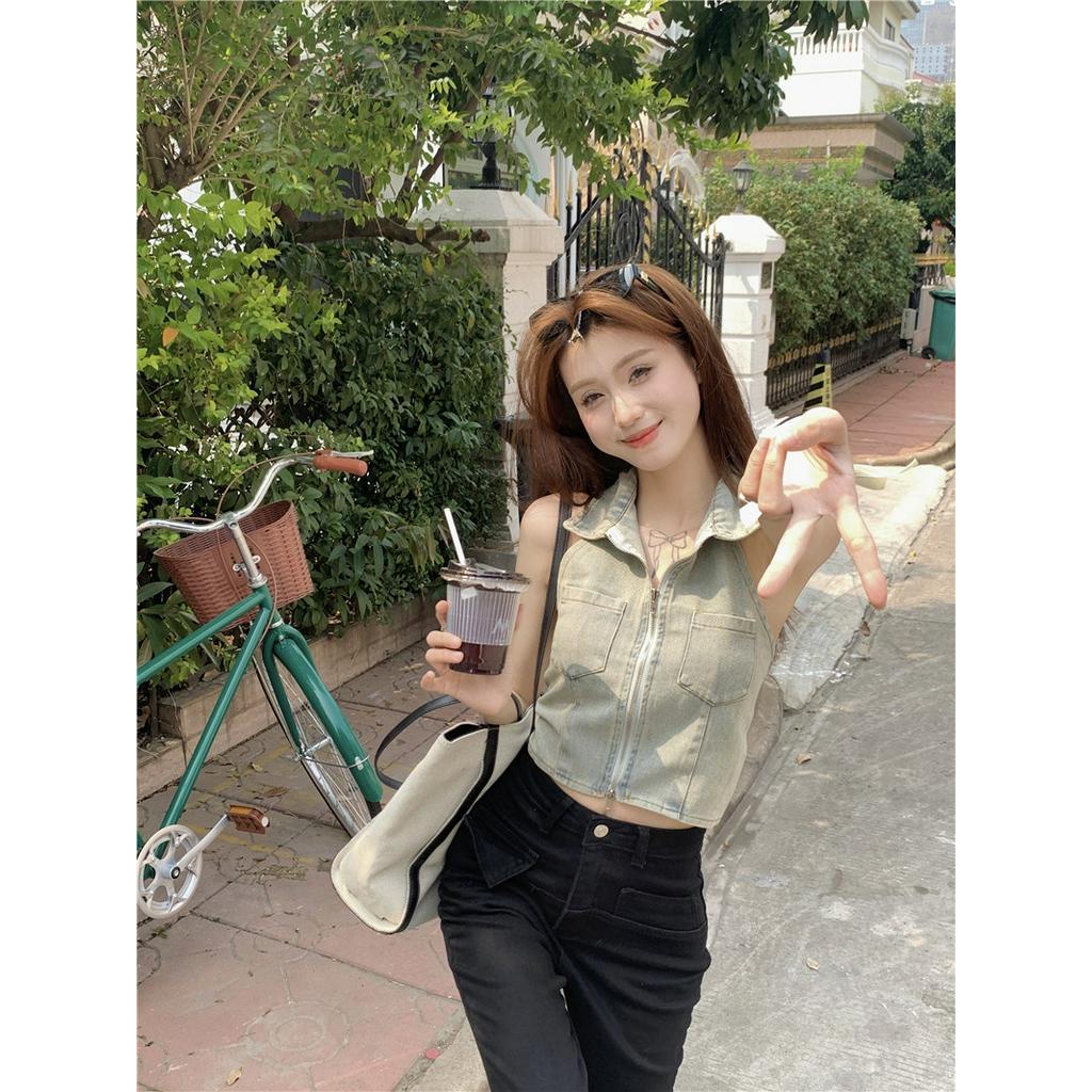 Áo Denim Không Tay Cổ Yếm Có Khóa Kéo Phong Cách Mới 63607