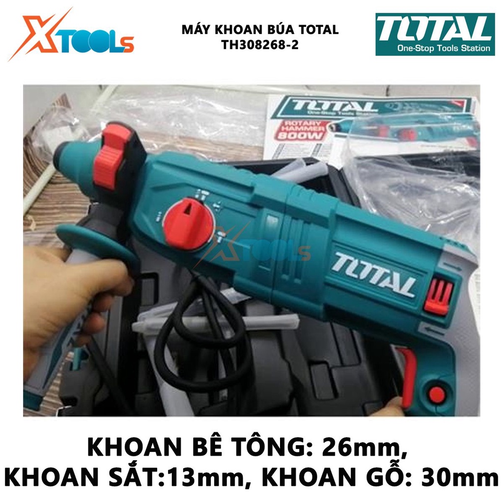 Máy khoan búa cầm tay 3 chức năng 800w TOTAL TH308268-2 đầu gài sds plus, tốc độ 1100rpm, tốc độ búa 4000bpm, lực đập 2