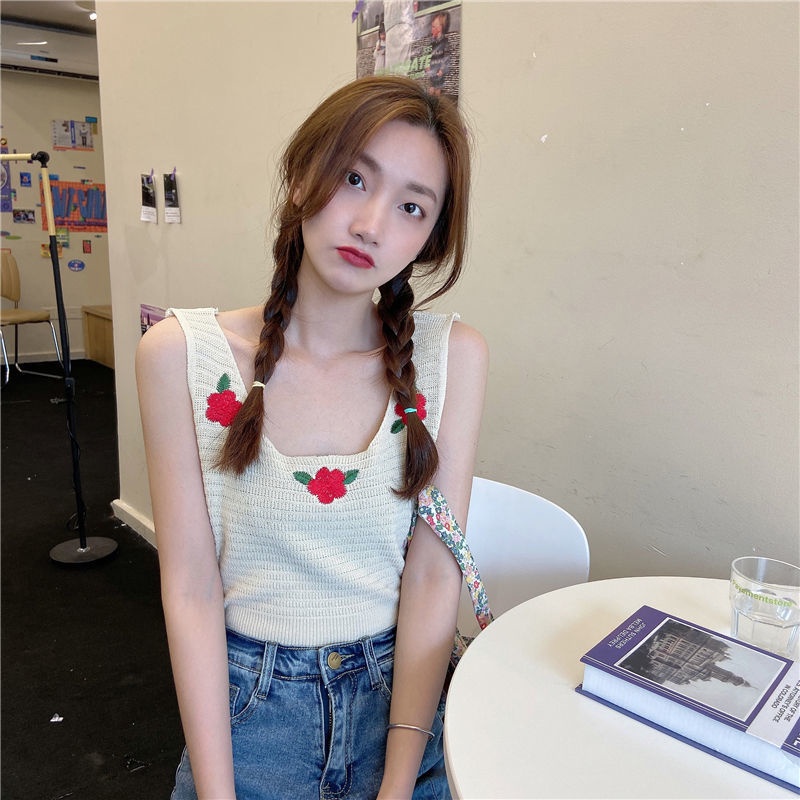 Thêu Áo hai dây Dệt Kim Nữ Phong Cách Mùa Hè Mới