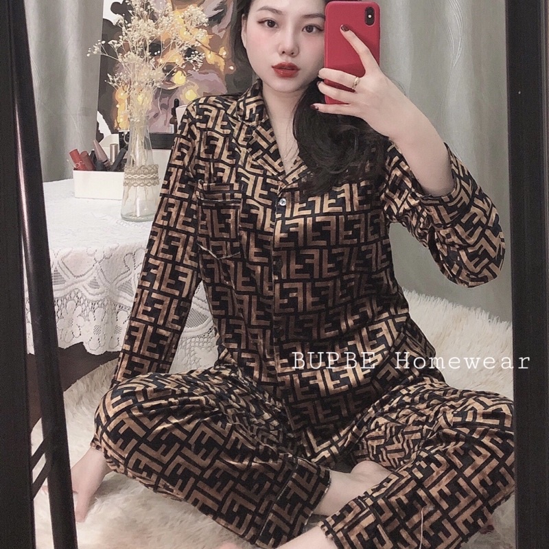 Đồ bộ thu đông nữ,Đồ bộ nhung nhật họa tiết chữ F SOMNIA, pyjama,  bộ mặc nhà dài tay, đồ ngủ bigsize
