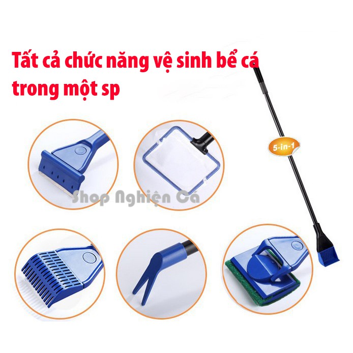 Bộ dụng cụ vệ sinh bể cá dọn rêu, cọ rửa, vợt cá, cào nền, cắt tỉa 5 chức năng trong 1