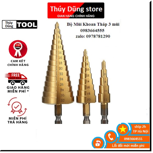 Mũi Khoan Tháp bằng chất liệu thép siêu cứng , kích thước 4-32mm. Khoan được nhiều cỡ lỗ trong một mũi khoan