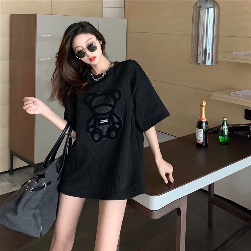 Áo thun tay ngắn dáng rộng in họa tiết hoạt hình gấu dễ phối đồ thời trang mùa hè phong cách Hàn Quốc 2021