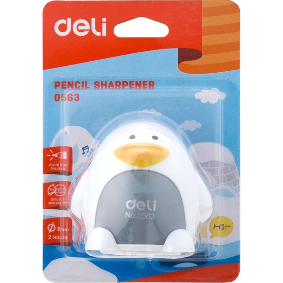 Gọt bút chì Deli - hình chim cánh cụt, 2 lỗ - Đen, Xanh, Trắng, Hồng - 1 cái E0563