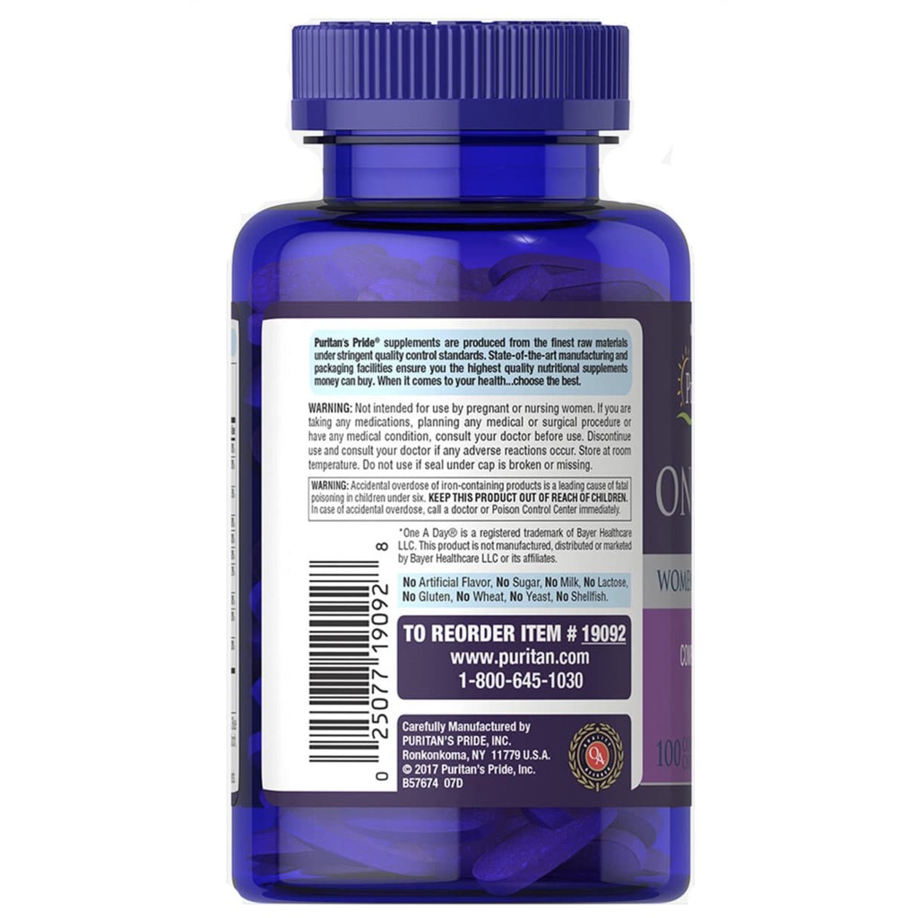 Vitamin tổng hợp nữ, chống lão hoá, sáng da, ngừa loãng xương One Daily Women's Multivitamin Puritan's Pride 100 viên | Thế Giới Skin Care