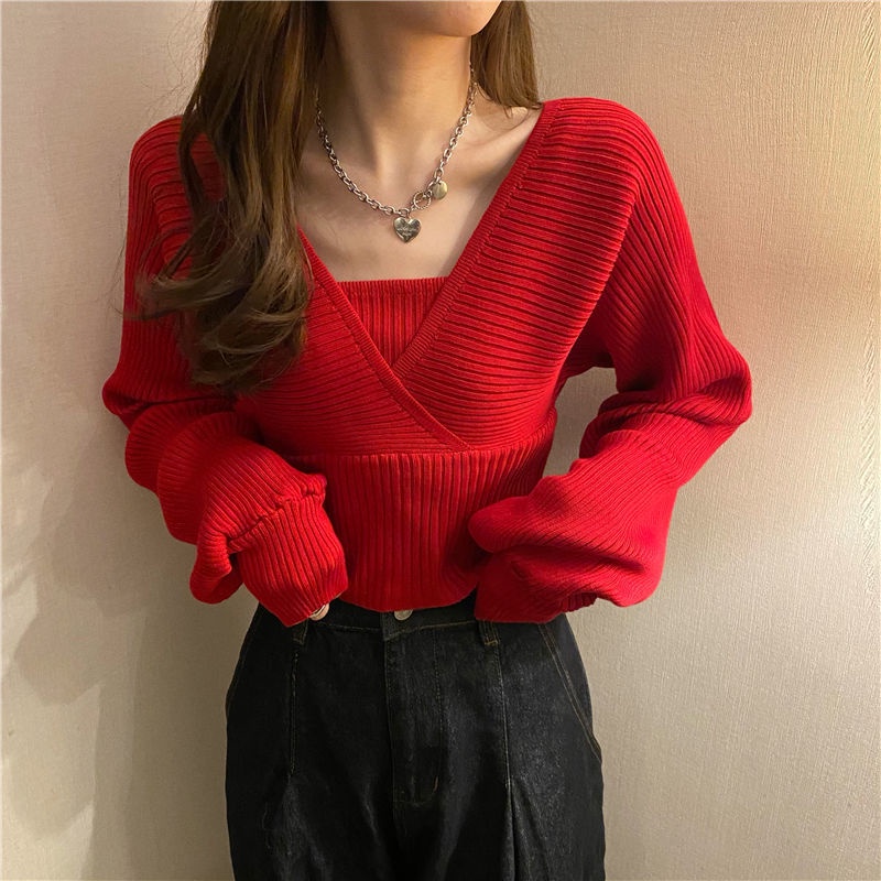 Áo sweater Dệt Kim Cổ Vuông Giả Hai Lớp Thời Trang Trẻ Trung Cho Nữ