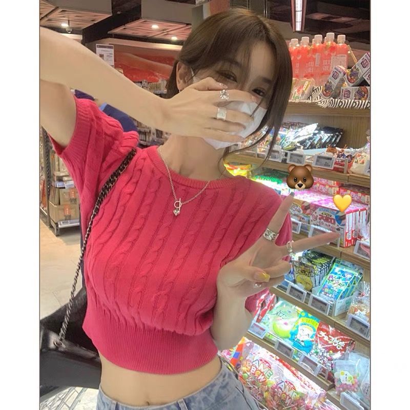 Áo Dệt Kim Tay Ngắn Dáng Ôm Thắt Nơ Thời Trang Mùa Hè Cho Nữ