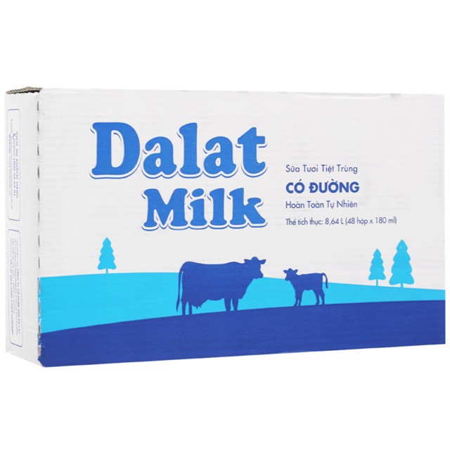 THÙNG 48 HỘP SỮA TƯƠI TIỆT TRÙNG ĐÀ LẠT MILK 180ML KHÔNG ĐƯỜNG/ ÍT ĐƯỜNG/ CÓ ĐƯỜNG/ DALAT MILK