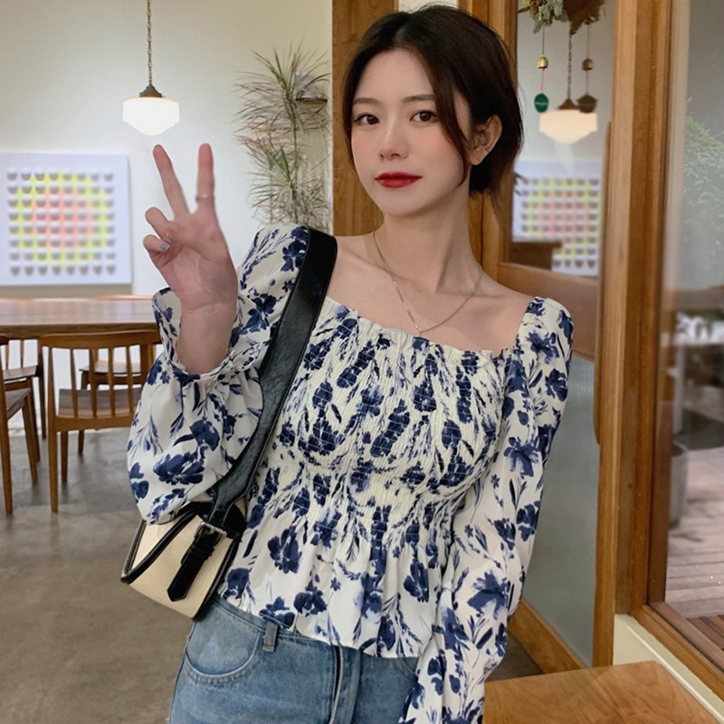 Áo Sơ Mi Chiffon Tay Dài Cổ Vuông In Hoa Ngọt Ngào Cho Nữ