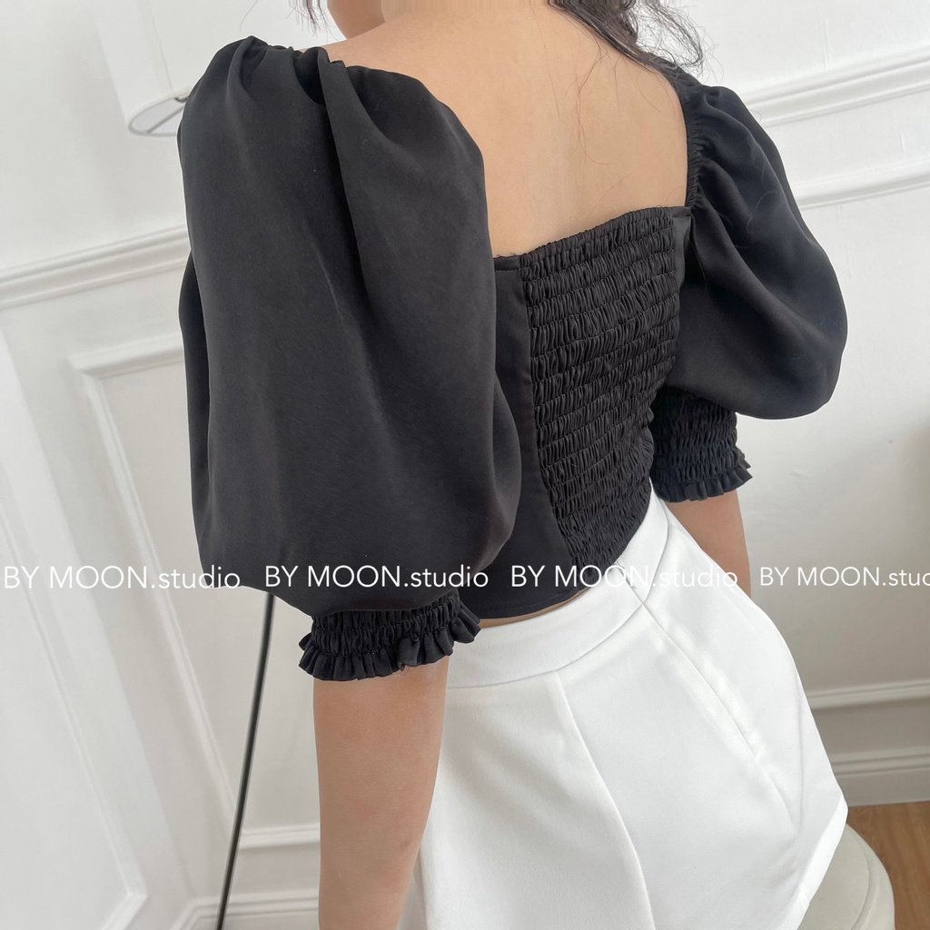 Áo kiểu nữ xinh cổ vuông tay phồng lưng may chun nhún cực xinh lụa satin cao cấp hàng thiết kế BY MOON - ảnh thật A013