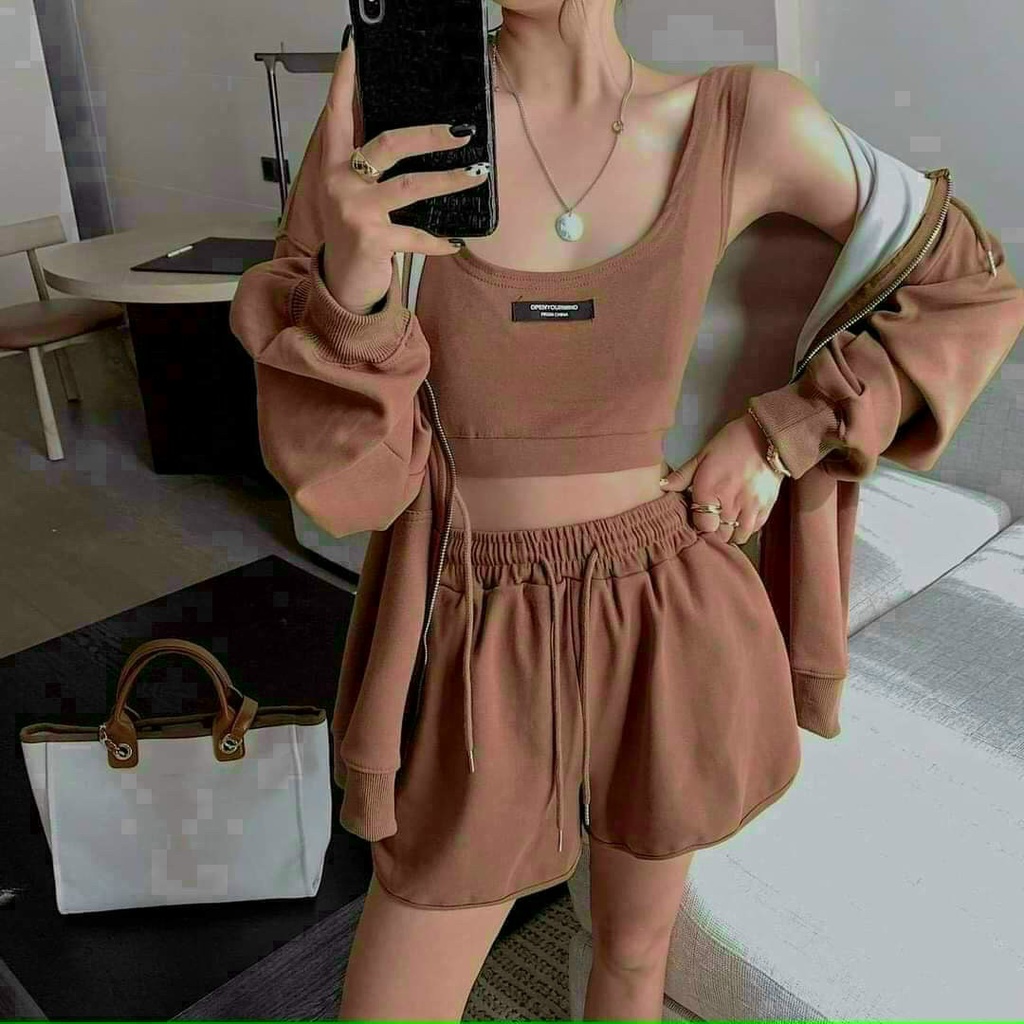 (Sale FreeShip) Sét nữ 3 món áo khoát from rộng có nón kèm áo 2 dây croptop mix quần có túi,chất cotton mềm mịn dễ mặc