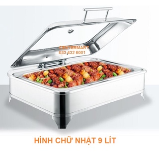 Nồi hâm buffet cao cấp bản lề thủy lực dùng điện - 9 lít - hình chữ nhật - inox bóng đẹp