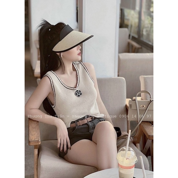 Áo len lưới sát nách dáng len tanktop đính hoa đá cổ phối viền xinh