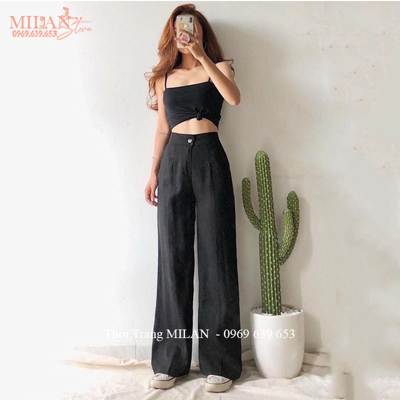 Quần đũi nữ ống rộng dài lưng thun cạp cao khóa thật dáng quần đũi ống suông màu Đen Trắng vải mềm mặc đi biển ở nhà mát