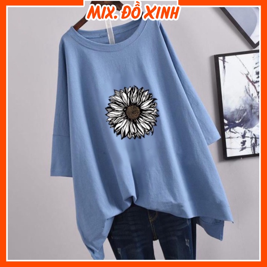 Áo phông unisex freesize form rộng tay lỡ Thu Hà chất liệu thun Cotton in hình Hoa Hướng Dương