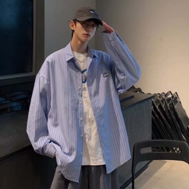 ✦ AFFLIGA ✦Áo Sơ Mi Tay Dài Dáng Rộng Họa Tiết Kẻ Sọc Thời Trang Hàn Quốc Chất Lượng Cao Cho Nam