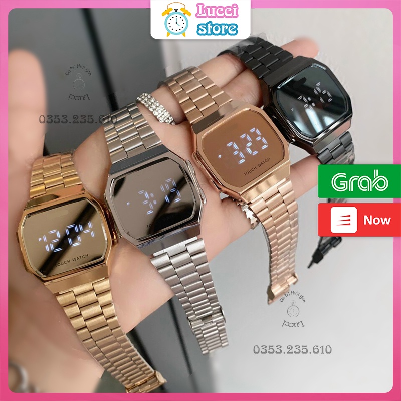 Đồng hồ Nam Nữ điện tử tráng gương A168, đồng hồ cảm ứng màn hình LED dây thép không gỉ mặt vuông | BigBuy360 - bigbuy360.vn