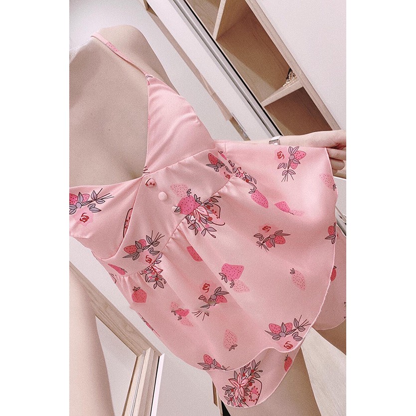 Đồ Ngủ Lụa Satin Họa Tiết Áo Dây Quần Cộc Freesize | BigBuy360 - bigbuy360.vn