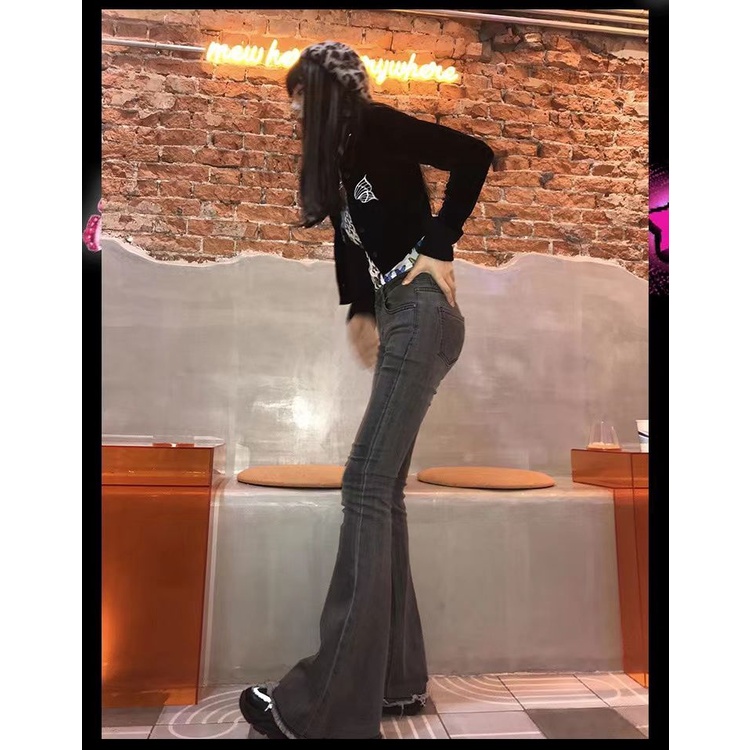 Gray worn Harajuku hot girl punk high waist micro horn retro jeans slimming hip slim trousers women's FVqK
