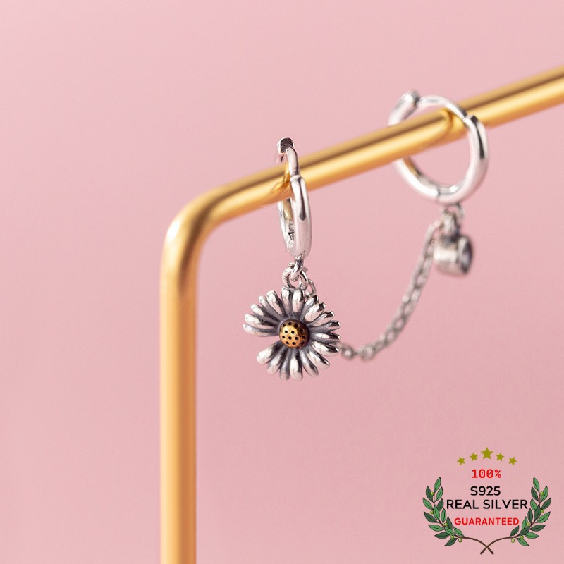 Bông Tai Bạc Thái S925 Cúc Họa Mi Peaceminusone Dạng Khoen Tròn Hai Lỗ Xỏ Đính Đá Zircon Trẻ Trung Cá Tính | Khuyên Tai
