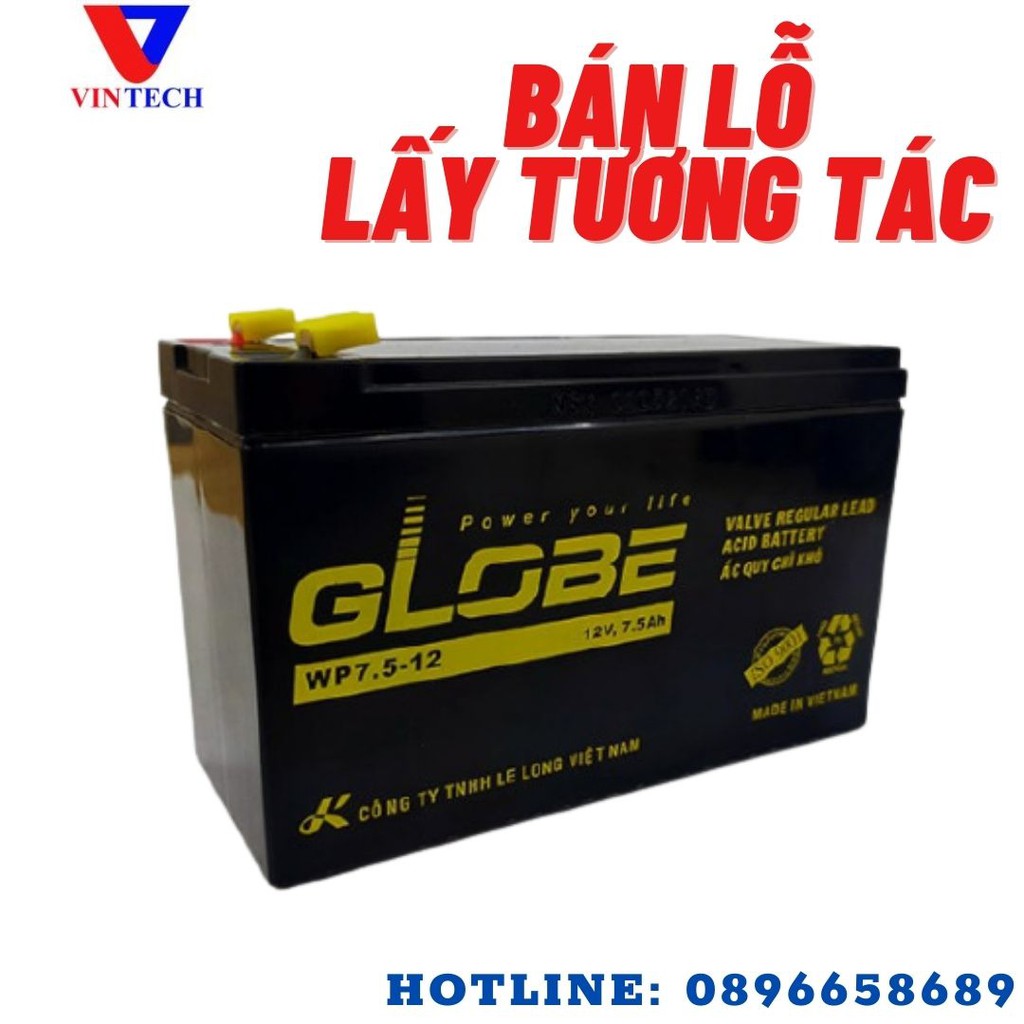 Bình ắc quy khô Globe dùng cho Bộ lưu điện UPS 12V-7.5Ah, WP7.5-12,kín khí, lưu điện, không cần bảo dưỡng