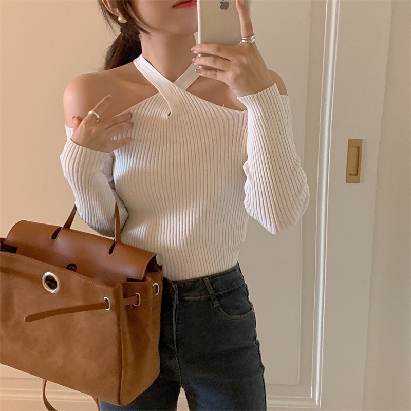 SUXI Áo Dệt Kim Trễ Vai Tay Dài Màu Sắc Thanh Lịch