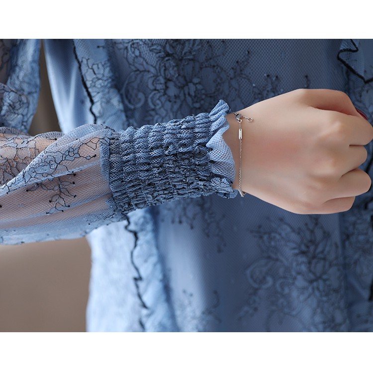 Korean Elegant Lace Ruffle Office Blouse Women Autumn Long Sleeve Stand Collar Top Blue | BigBuy360 - bigbuy360.vn