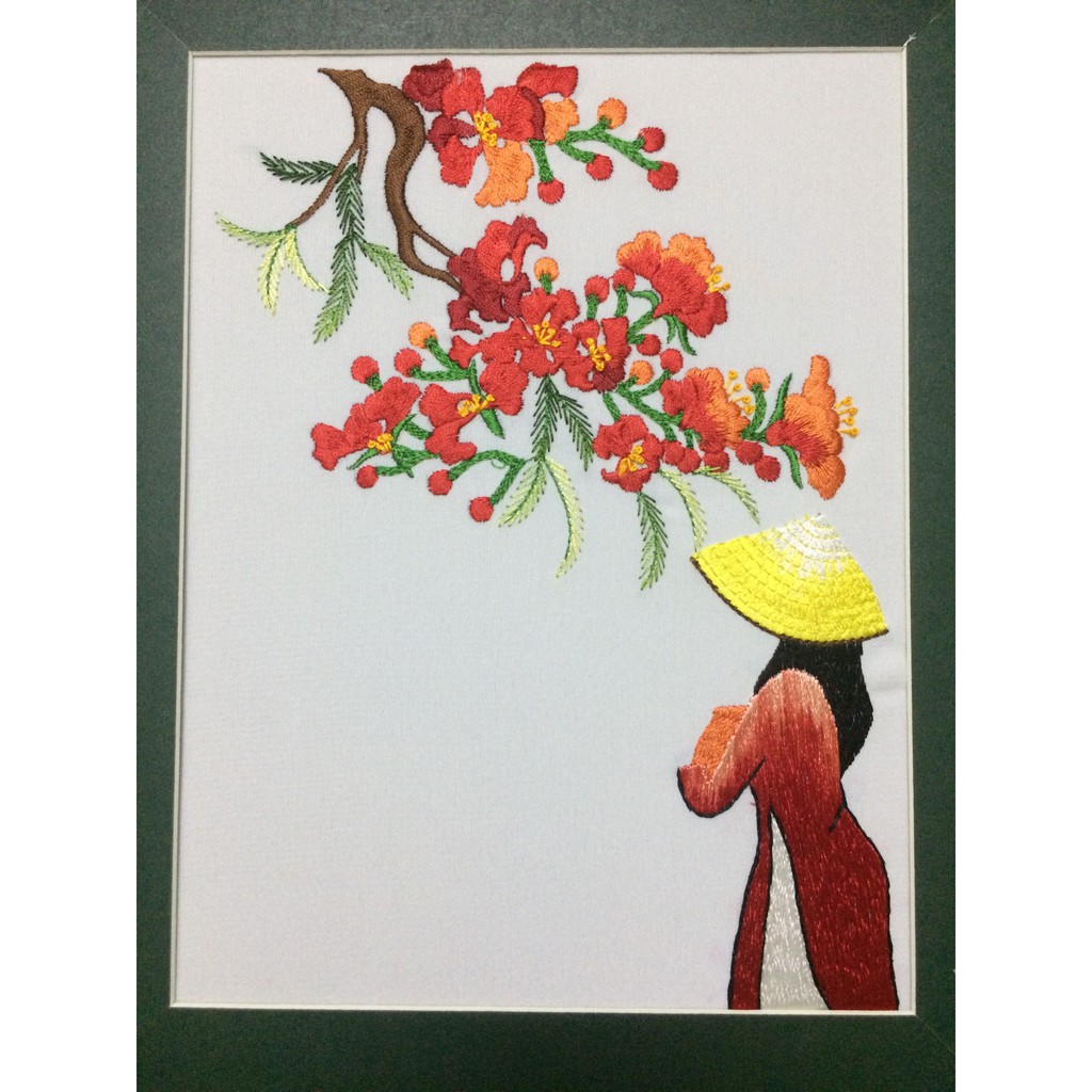 Tranh thêu tay Cô gái hoa phượng đỏ CGHP004