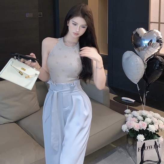 Set Áo Hai Dây Dệt Kim + Quần Short Lưng Cao Phong Cách Hàn Quốc Cho Nữ