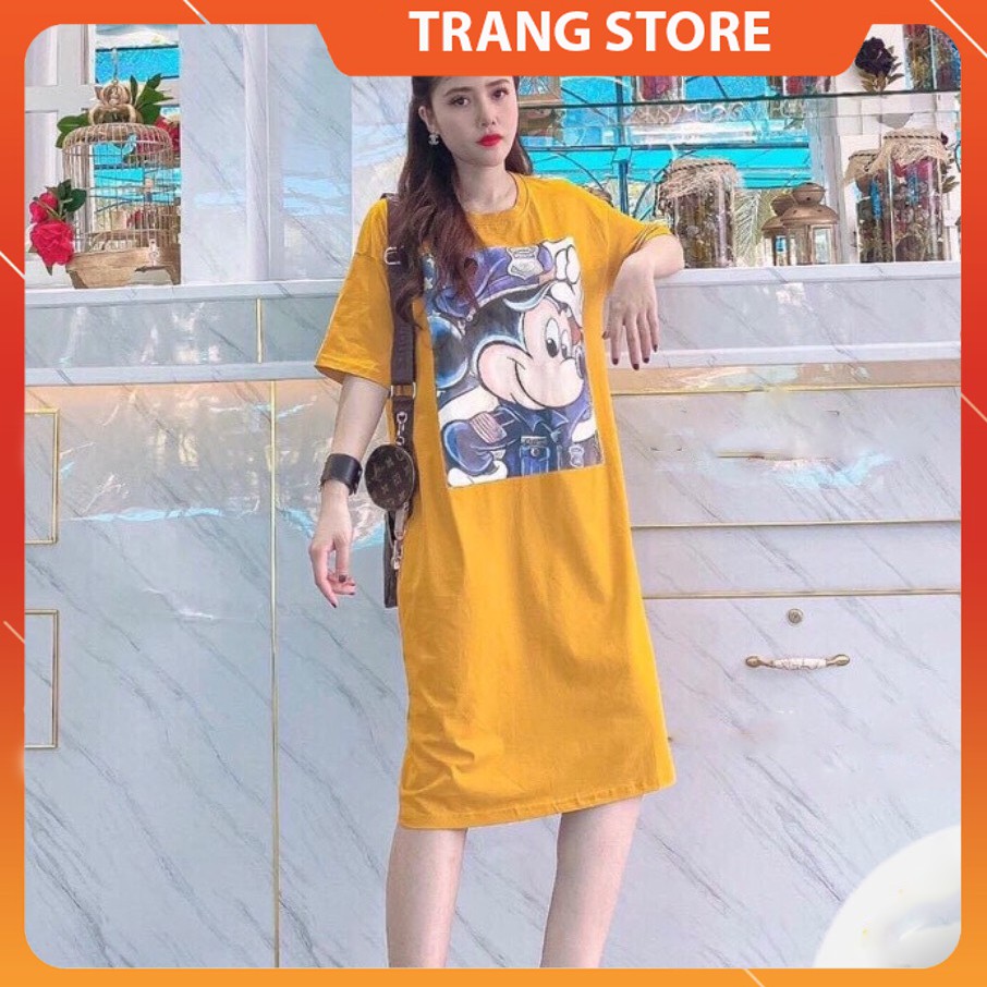 Đầm Suông Tay Lỡ Dáng Dài Nữ Cổ Tròn Họa Tiết Chuột Mickey Chất Cotton Co Dãn Hàng VNXK