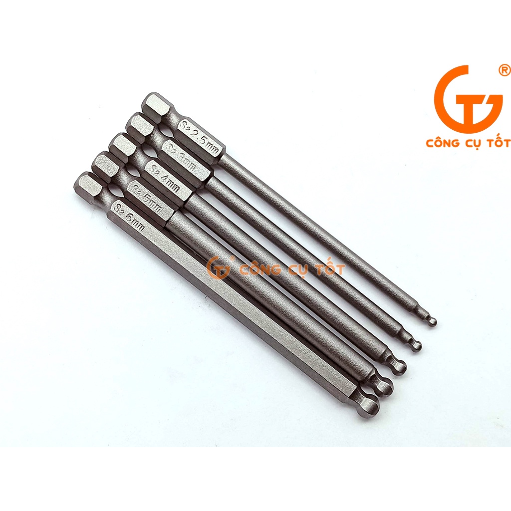 Vỉ 5 đầu bắt vít lục giác bi chuôi lục thép S2 Φ2.5 - Φ6.0 dài 100 mm