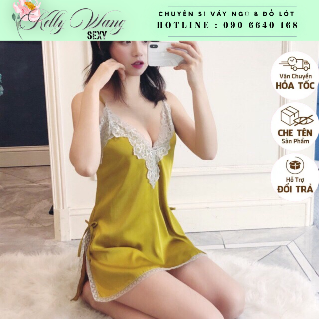 SX111Mới váy ngủ xẻ tà cao lụa satin KELLY WANG ( ảnh thật ảnh cuối và có clip)