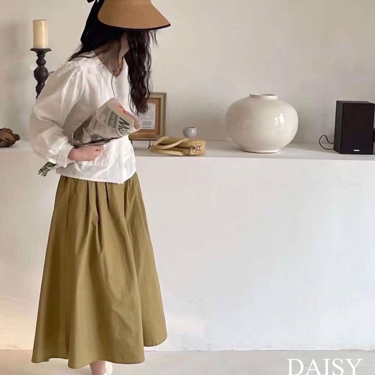 Chân váy Daisy dáng midi chất thô kaki xòe nhẹ có cạp chun sau CV1850