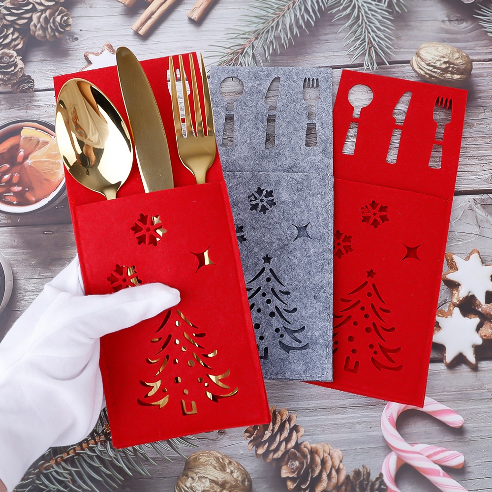 Set 4 Túi Đựng Muỗng Nĩa Bằng Vải Không Dệt Hình Hoa Tuyết Giáng Sinh Năm Mới