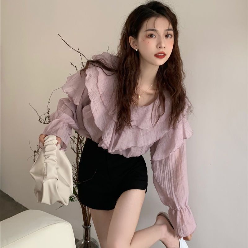 Áo Sơ Mi Chiffon Cổ V Tay Dài Phối Bèo Kiểu Retro Pháp Thời Trang 2022 Cho Nữ