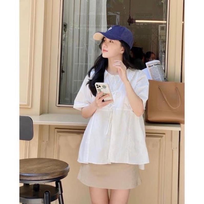 [XẢ KHO] Set Babydoll Sơ Mi 3 Nơ+ Chân Váy Kaki (Ảnh Thật/Sẵn)