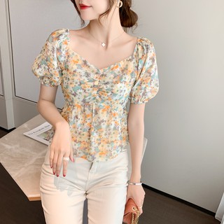 Áo Peplum Cổ Chữ V Tay Ngắn In Hoa