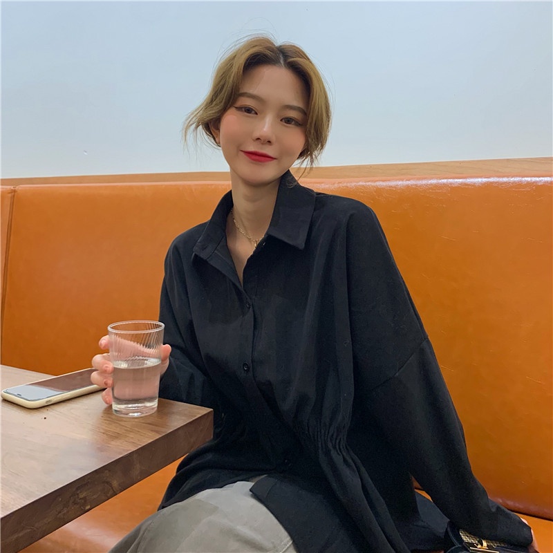 IELGY    Áo Sơ Mi Dài Tay Chiết Eo Phong Cách Pháp Thời Trang Cho Nữ