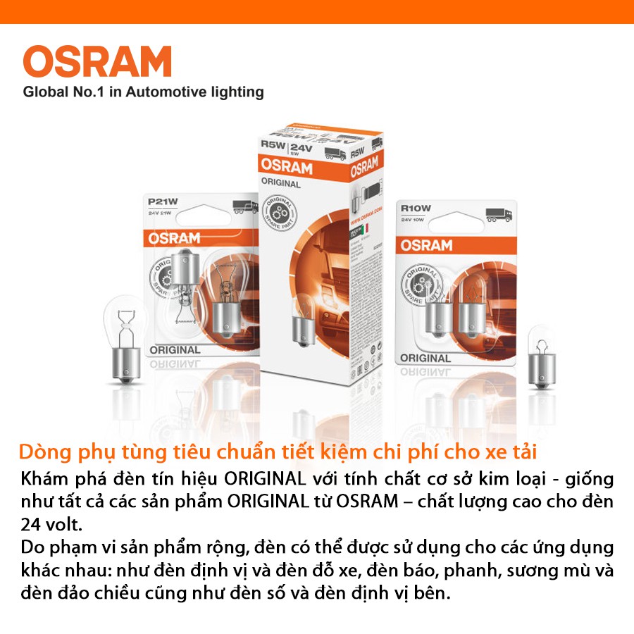 [Mã BMBAU50 giảm 10% đơn 99k] Combo 2 Bóng Đèn Sau 1 Tim OSRAM Original P21W 24V 21W (Chân Thẳng) Nhập Khẩu Chính Hãng