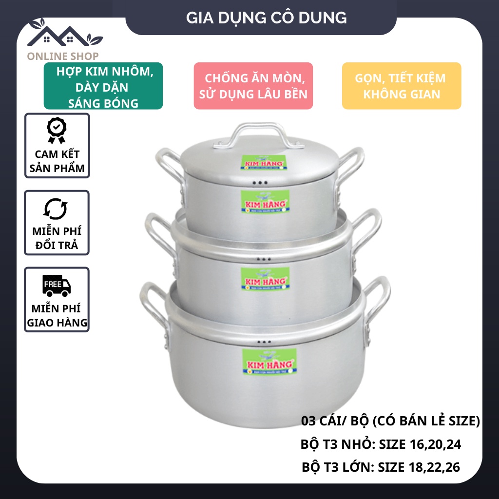 Bộ 3 Nồi Nhôm Bầu Xi Cao Cấp Kim Hằng Sản Xuất Theo Tiêu Chuẩn Nhật Bản (Size Từ 16,20,24,18,22,26)